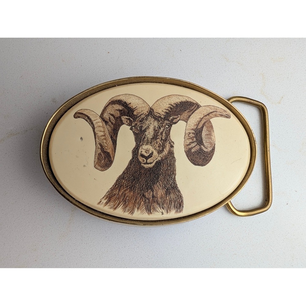 Vintage 1983 Barlow Solid Brass Bighorn Ram Scrimshaw Belt Buckle Made in USA